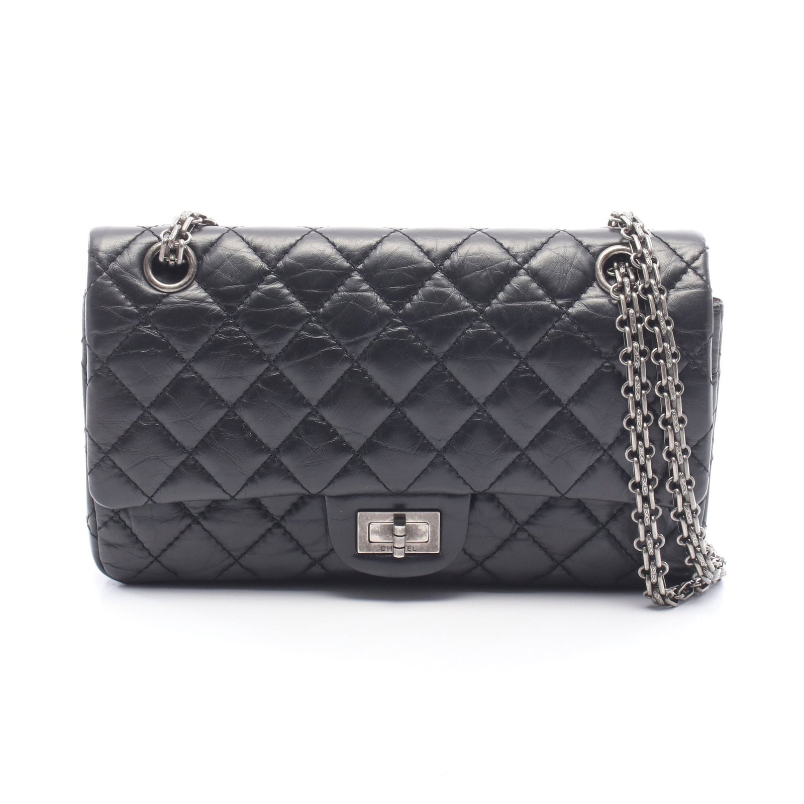 Chanel 2.55 Mademoiselle Chain Black: Authentic and authenticated Chanel 2.55 Matelasse Mademoiselle W chain shoulder bag in black leather with silver hardware. Model A37586. Approx. 14.5H x 24W x 8D cm with double or single chain wear.