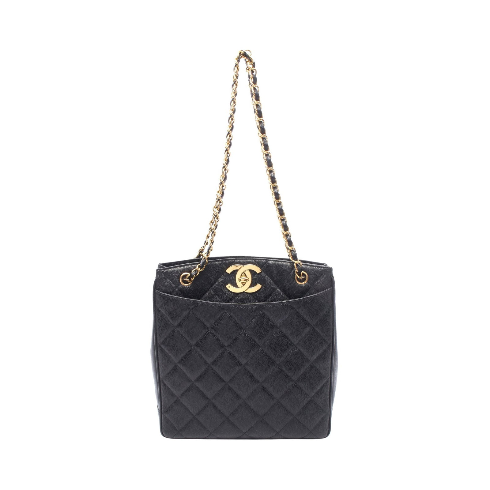 Chanel Matelasse Chain Tote Black: Authentic and authenticated Chanel Matelasse chain shoulder tote bag in black caviar skin with gold hardware. Approx. 30H x 28/28.5W x 8D cm with 73 cm strap. Includes serial seal and guarantee card.