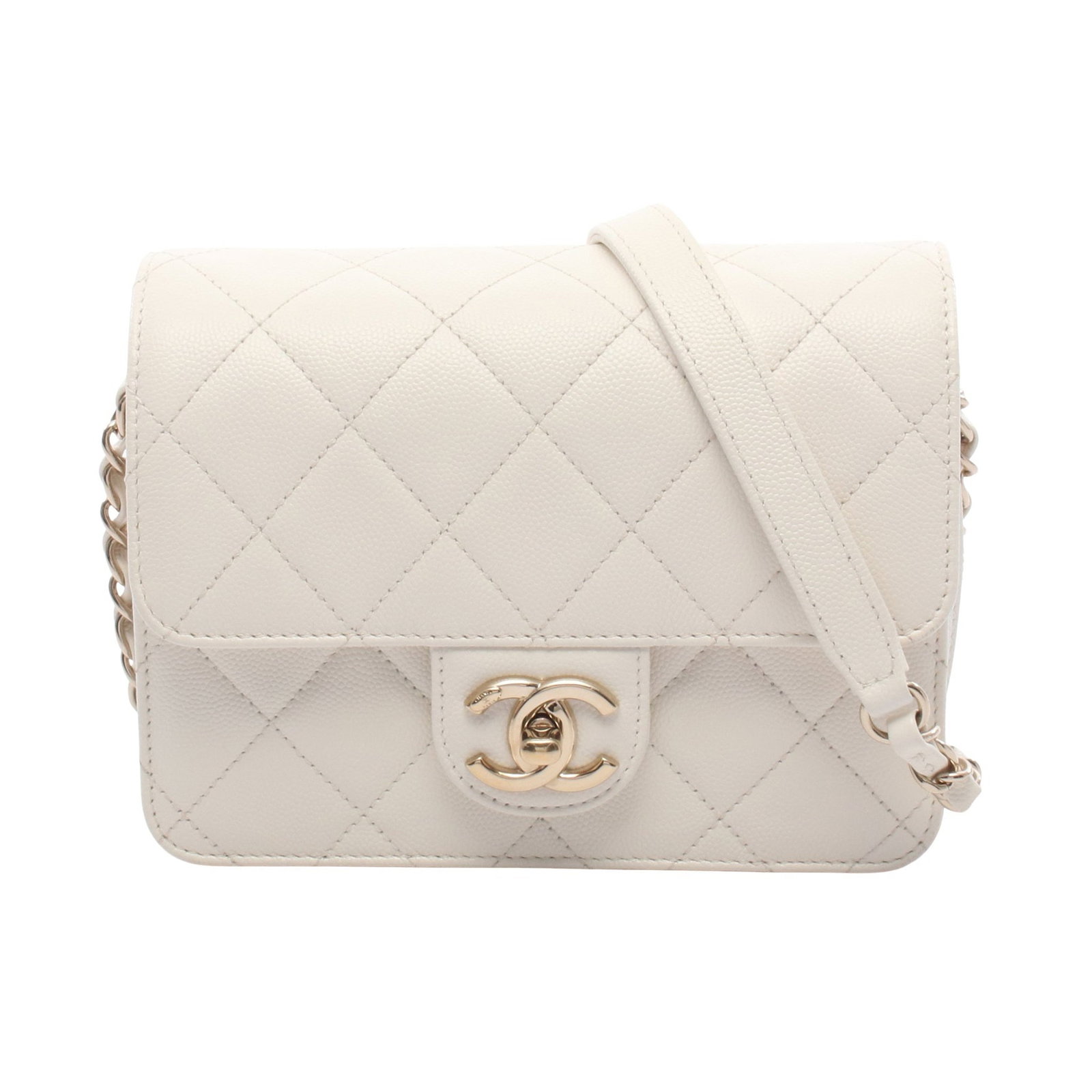 Chanel Small Flap Chain Off White: Authentic and authenticated Chanel Matelasse Small Flap chain shoulder bag in off white caviar skin with gold hardware. Approx. 14H x 18W x 5D cm with 120 cm strap. Includes serial metal plate.