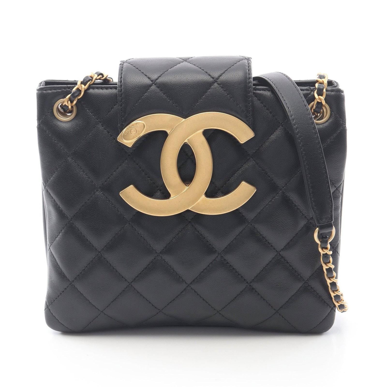 Chanel W Chain Shoulder Black: Authentic and authenticated Chanel Matelasse W chain shoulder bag in black lambskin with gold hardware. Approx. 18H x 20W x 1.5/1.5D cm with double or single chain wear. Includes serial metal plate.
