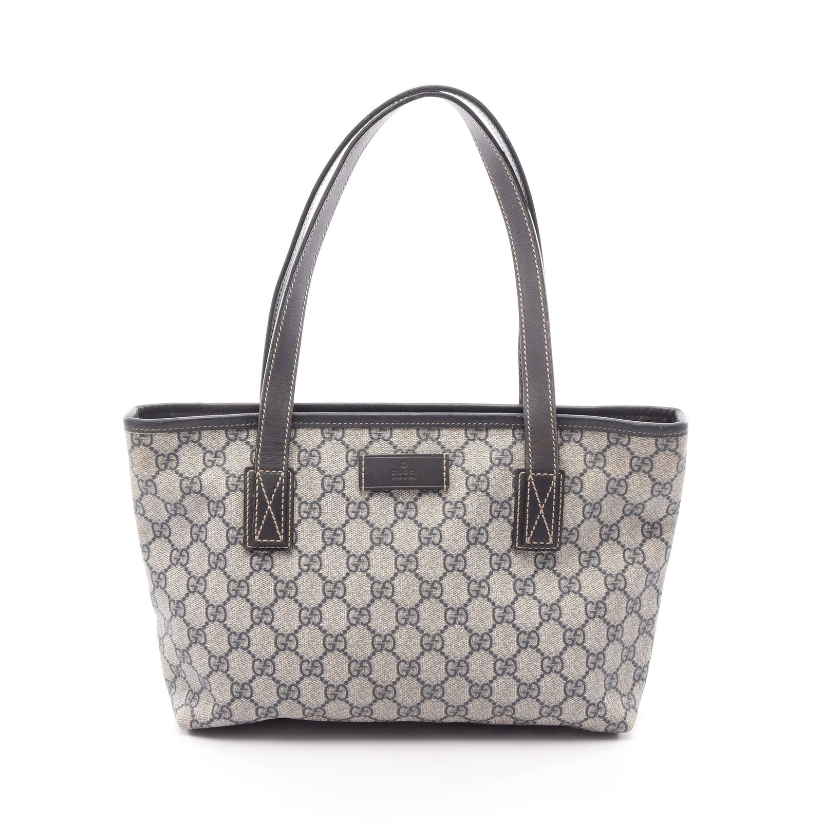 Gucci GG Supreme PVC Shoulder Tote Bag: Authentic and authenticated Gucci GG Supreme shoulder tote bag in beige/navy/gray PVC and leather. Model 211138. Approx. 21H x 35/29W x 8D cm with 53 cm strap. No accessories listed.