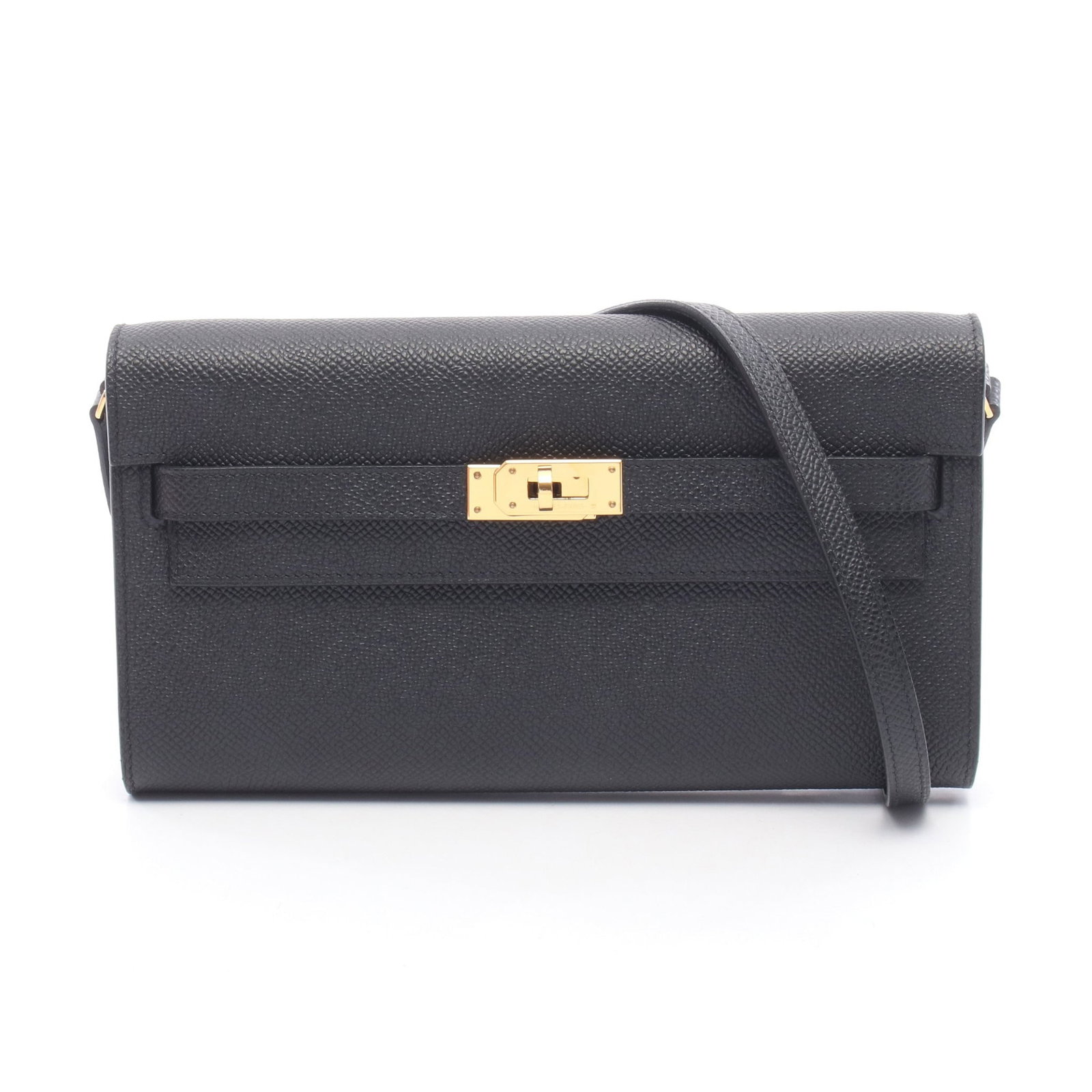 Hermes Kelly To Go Black Wallet: Authentic and authenticated Hermes Kelly To Go shoulder wallet in black Veau Epsom with gold hardware. Approx. 11.5H x 20.5W x 3.5D cm with 110 cm strap. B stamp.