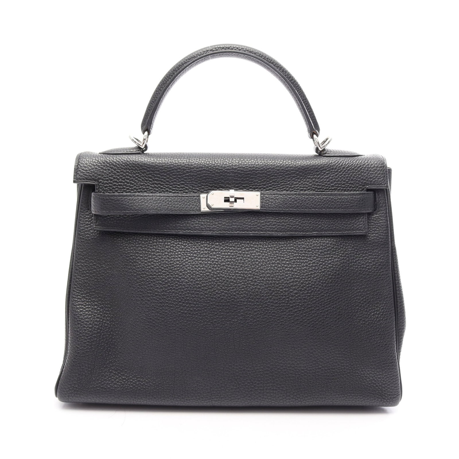 Hermes Kelly 32 2WAY Black: Authentic and authenticated Hermes Kelly 32 2WAY handbag in black Togo with silver hardware. Approx. 23H x 28/32W x 12D cm with 28 cm handle and 90 cm strap. Includes strap, 2 keys, crochet, and
