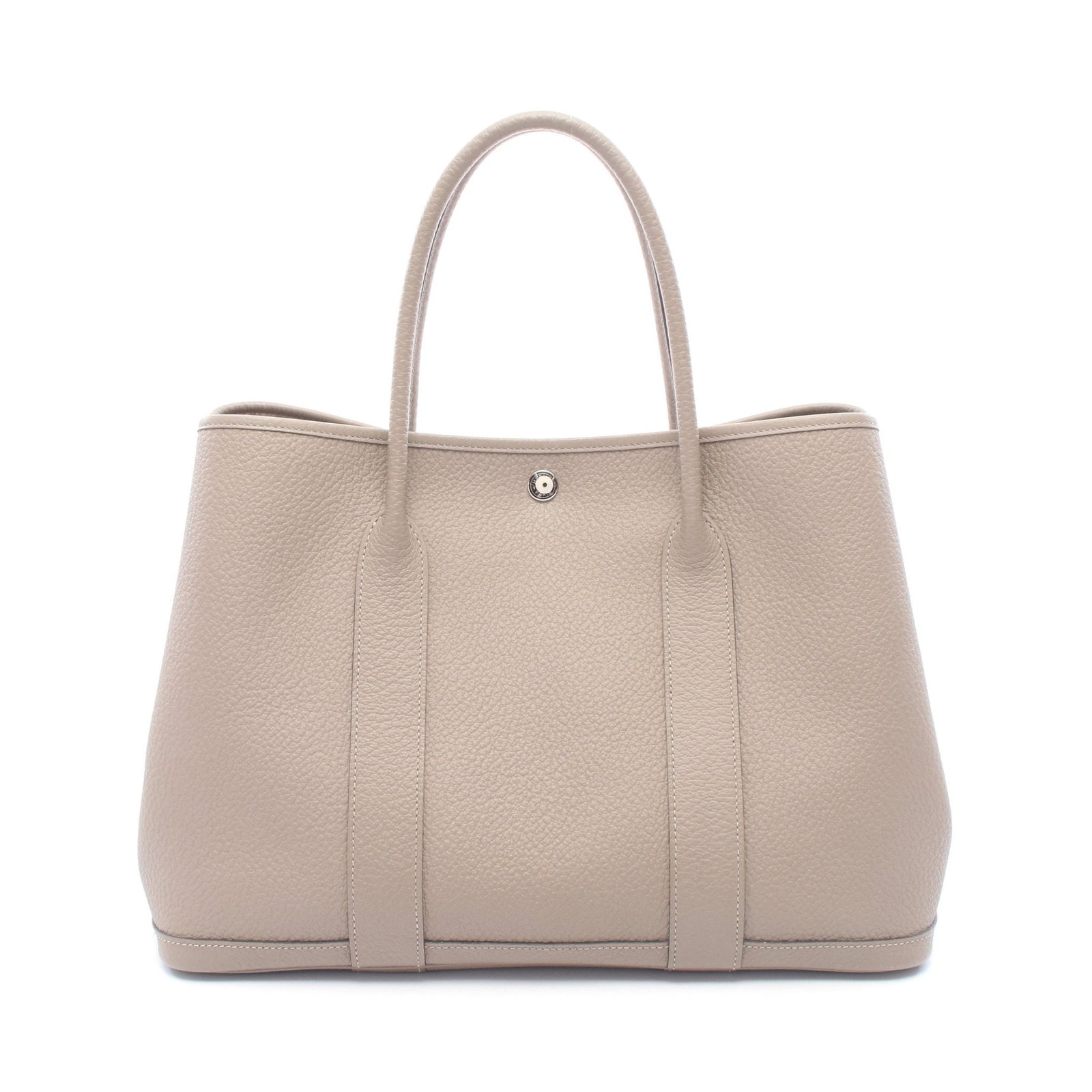 Hermes Garden Party PM Gris Asphalt: Authentic and authenticated Hermes Garden Party PM tote handbag in gray beige Vash Country with silver hardware. Approx. 25H x 36W x 17D cm with 44 cm handle. A stamp.