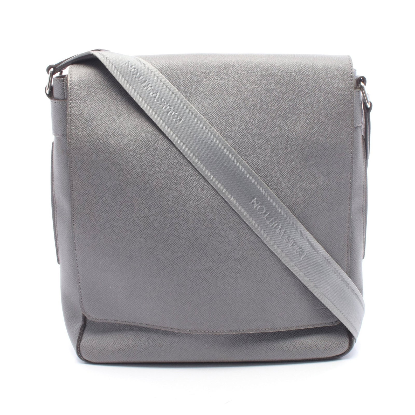 LV Milo Taiga Glacier Shoulder Bag: Authentic and authenticated Louis Vuitton Milo Taiga Glacier shoulder bag in gray leather. Model M32631, product no. DU0150. Approx. 34H x 33W x 9D cm with 96-154 cm strap.