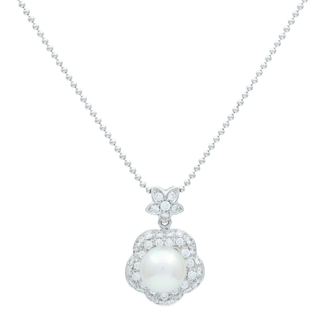Pearl Diamond Necklace White Yellow: Pearl and diamond necklace in 18K white gold and yellow gold.