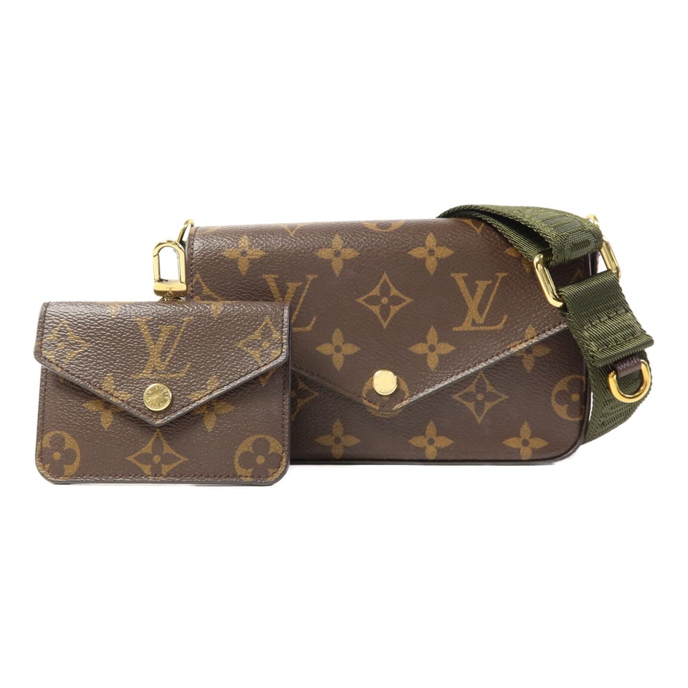 LV Felicie Strap & Go Brown Green: Brown and green Monogram PVC coated canvas Felicie Strap & Go shoulder bag with shoulder strap and pouch. Approx. 17 x 10 x 3.5 cm; strap 76-112 cm. RFID. Authentic and authenticated.