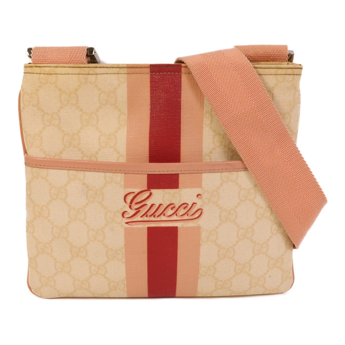 Gucci GG Joyline Shoulder Ivory Pink: GG Joyline shoulder bag in ivory and pink coated canvas. Size 23 x 20 x 1.5 cm. Strap 75 to 134 cm.