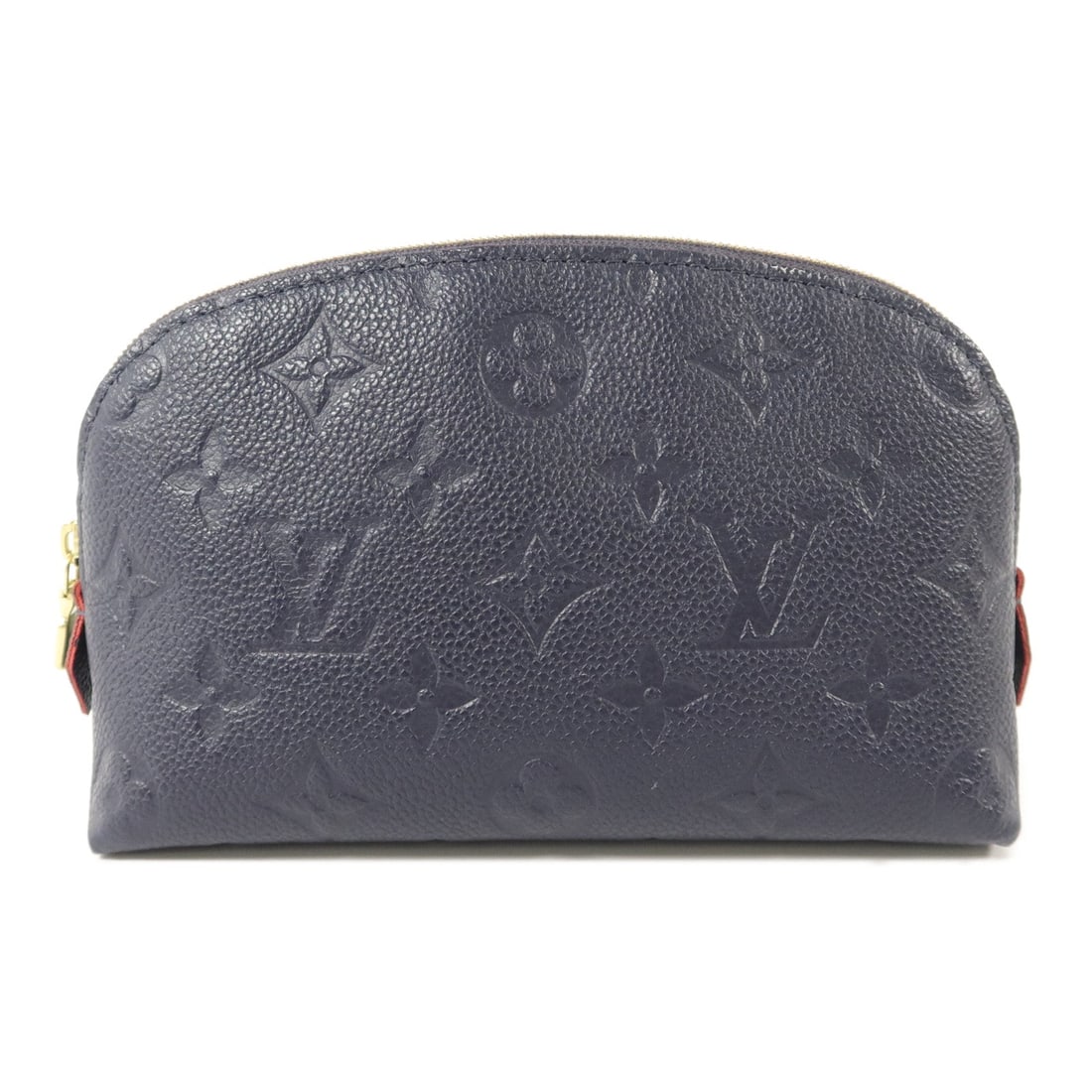 LV Pochette Cosmetique PM Navy: Authentic and authenticated Louis Vuitton Pochette Cosmetique PM pouch in navy Monogram Empreinte calfskin. Product no. FRID. Approx. 17W x 11.5H x 6D cm. No accessories listed.