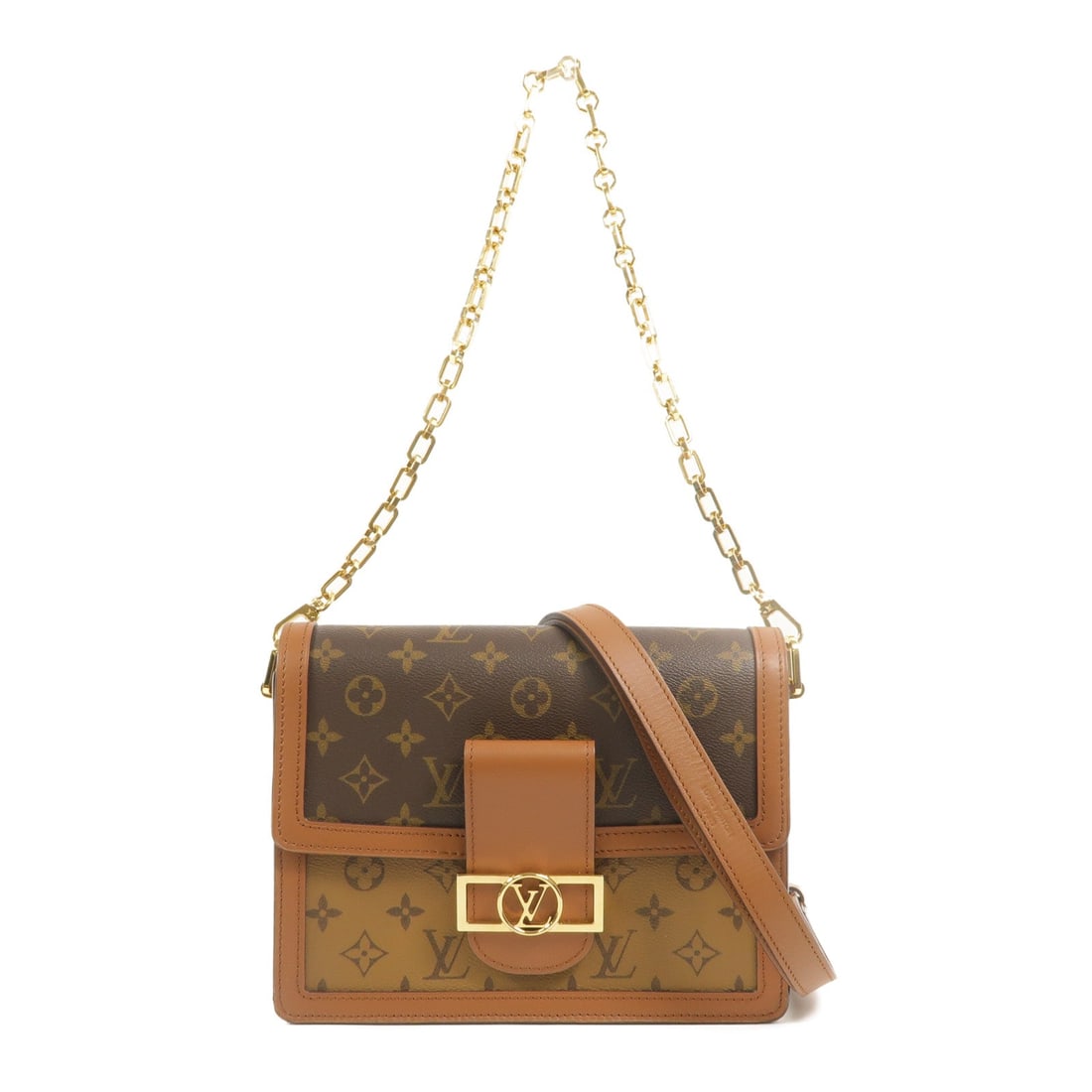 LV Dauphine MM 2 Way Reverse: Authentic and authenticated Louis Vuitton Dauphine MM 2 Way shoulder bag in brown Monogram Reverse PVC coated canvas. Product no. GI3280. Approx. 24W x 19H x 8D cm with 67-115 cm strap. Includes stora