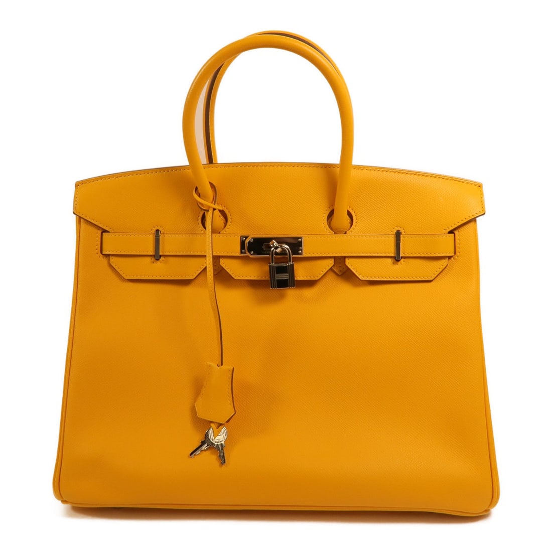 Hermes Birkin 35 Jaune Ambre: Jaune Ambre Epsom leather handbag with palladium-tone hardware.