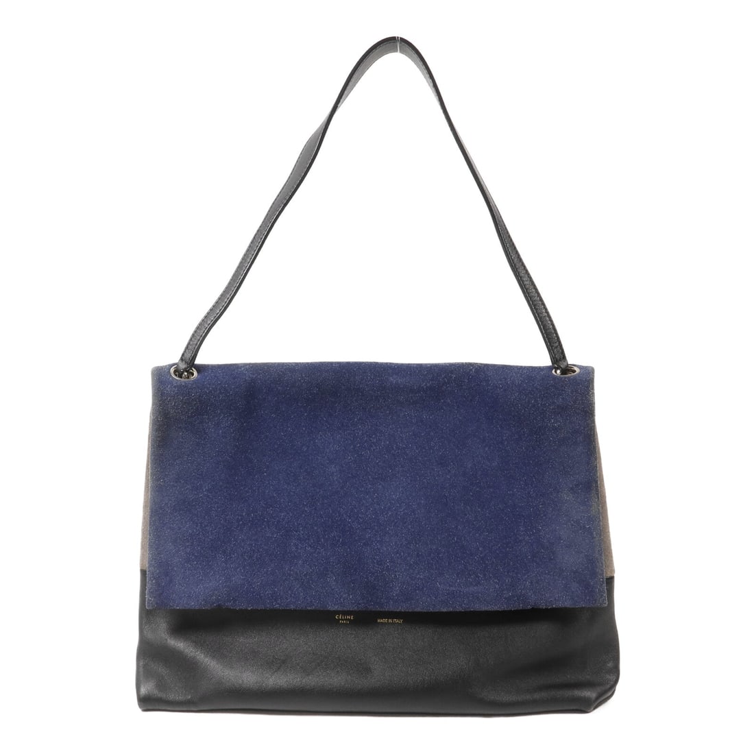 Celine All Soft Shoulder Bag Blue: Authentic and authenticated Celine All Soft shoulder bag in blue/black calfskin and suede. Product no. F-CU-0153. Approx. 37W x 27H x 15D cm with 56 cm strap. No accessories listed.