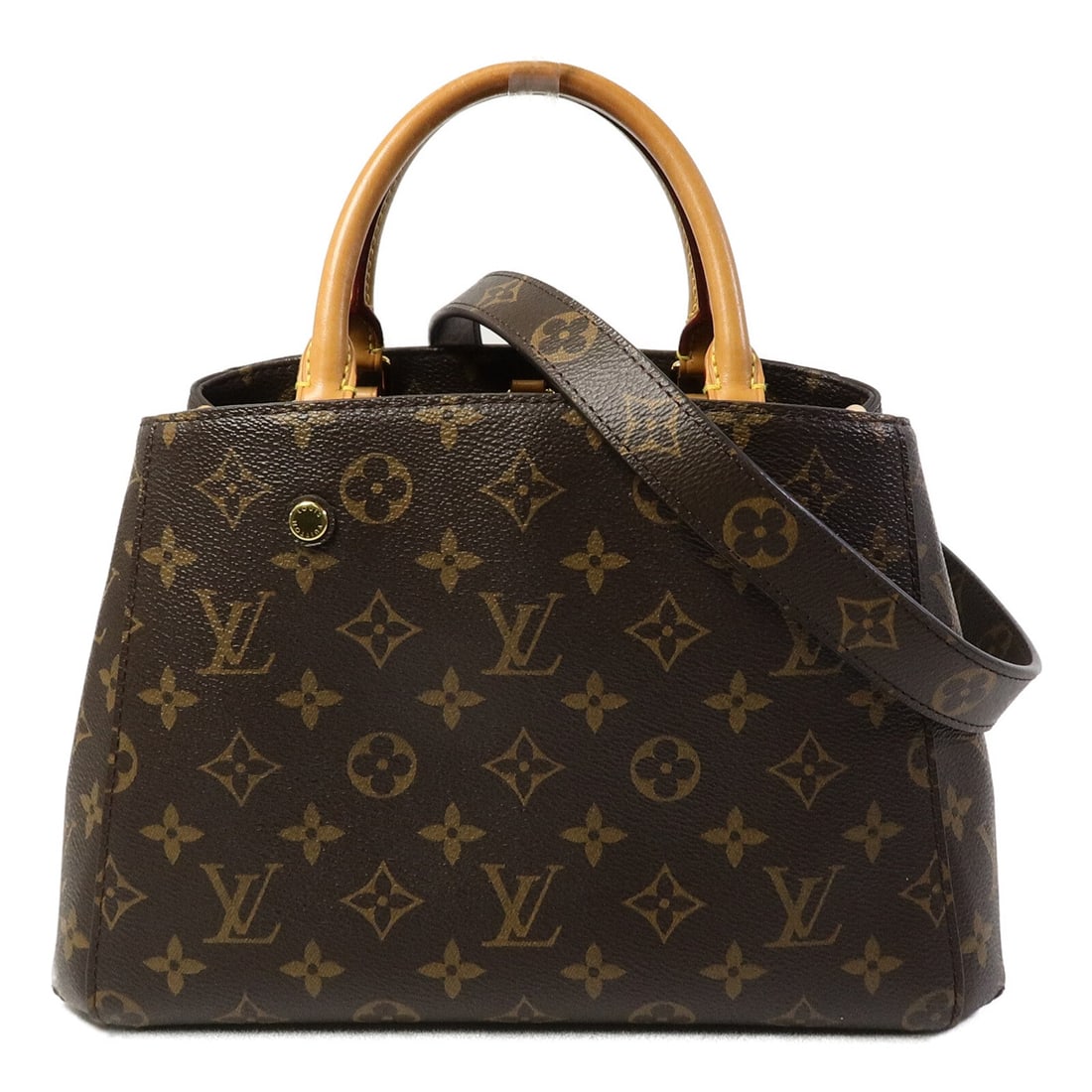 LV Montaigne BB Monogram 2WAY: Authentic and authenticated Louis Vuitton Montaigne BB 2 Way shoulder bag in brown Monogram PVC coated canvas. Product no. TJ3106. Approx. 29W x 20H x 13D cm with 27 cm handle and 115.5 cm strap. Incl