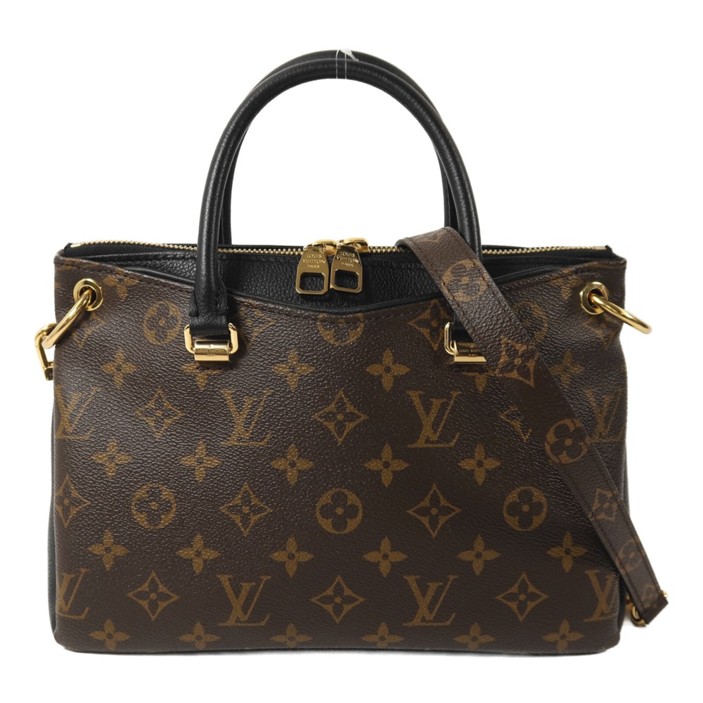 Louis Vuitton Pallas BB 2 Way Bag: Black and brown monogram PVC coated canvas with calfskin trim; 2 way bag with GHW; includes strap; W26 x H19 x D8 cm. Authentic and authenticated.