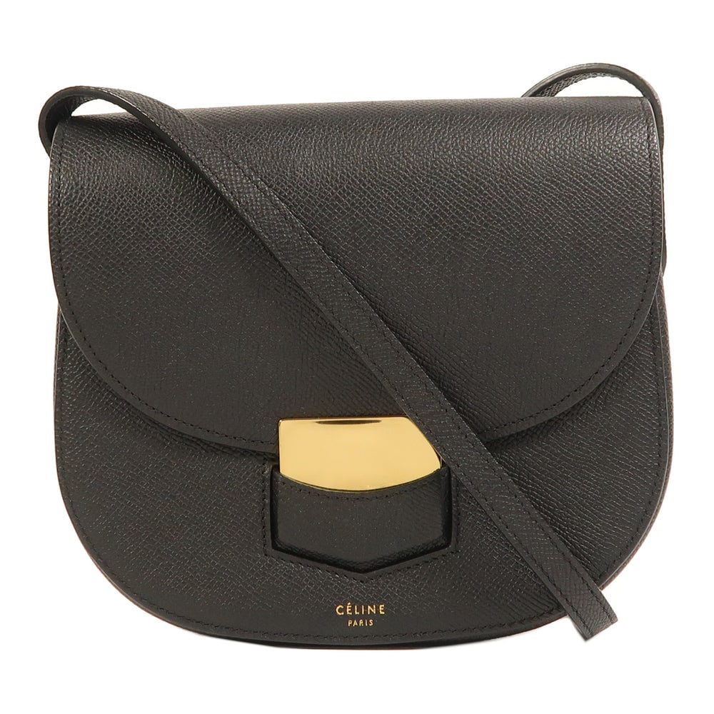 Celine Trotteur Small Black Bag: Authenticated genuine Celine Trotteur Small shoulder bag in black calfskin leather with gold-tone hardware. Includes storage bags. Product no. 3767. Approx. W18.5 x H17 x D5 cm.