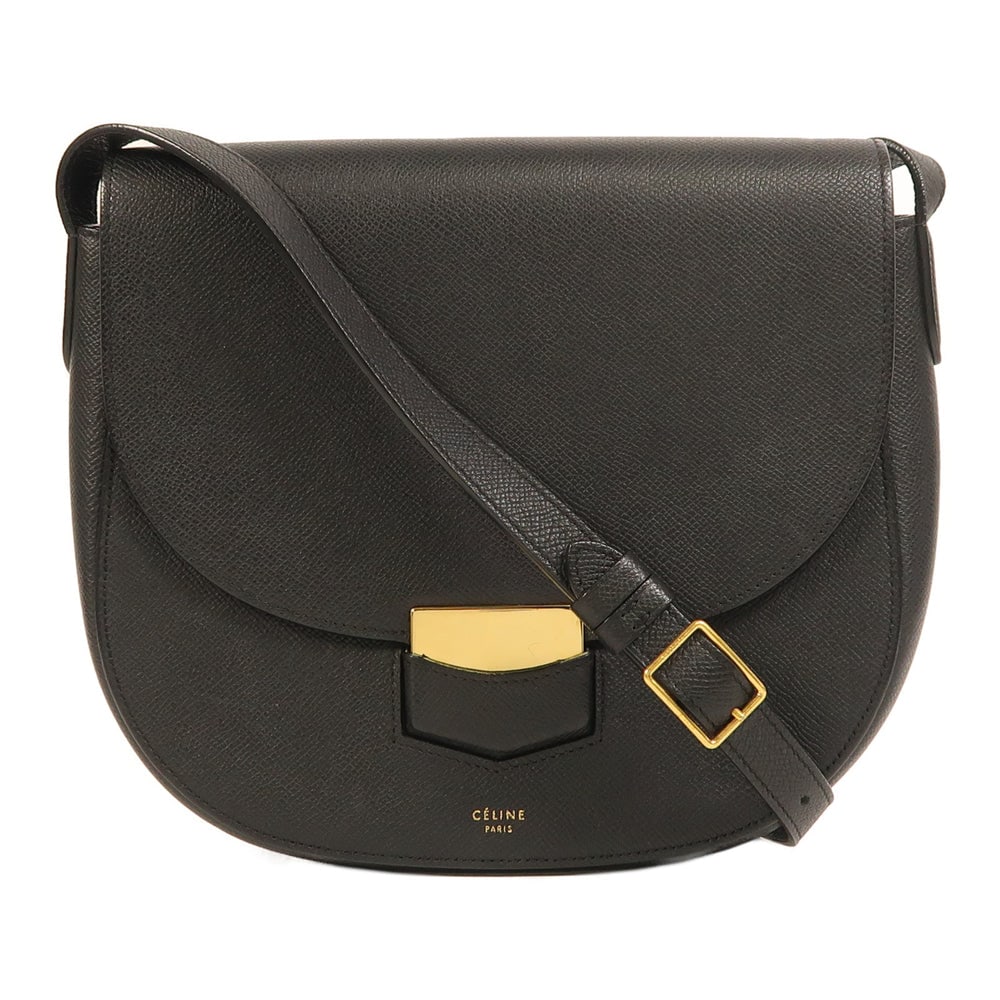 Celine Trotteur Black Shoulder Bag: Authenticated genuine Celine Trotteur shoulder bag in black calfskin leather with gold-tone hardware. Includes storage bags. Product no. S-LA-4136. Approx. W23 x H21 x D6 cm; shoulder 88.5-112.5 cm.