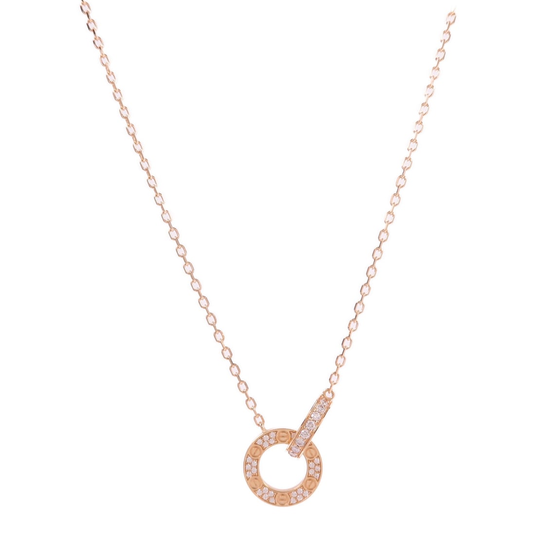 Cartier Love Paved Necklace Diamond: Love Pendant Paved necklace CRB7224528 in 18K pink gold with diamond.