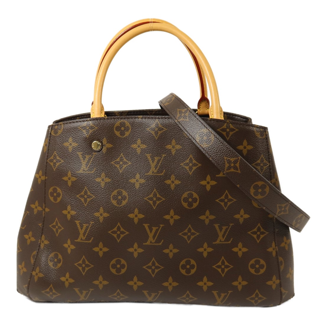 LV Montaigne MM Monogram 2WAY: Authentic and authenticated Louis Vuitton Montaigne MM 2 Way shoulder bag in brown Monogram PVC coated canvas. Product no. CA4155. Approx. 26-35W x 22H x 12D cm with 31 cm handle. Includes storage bag