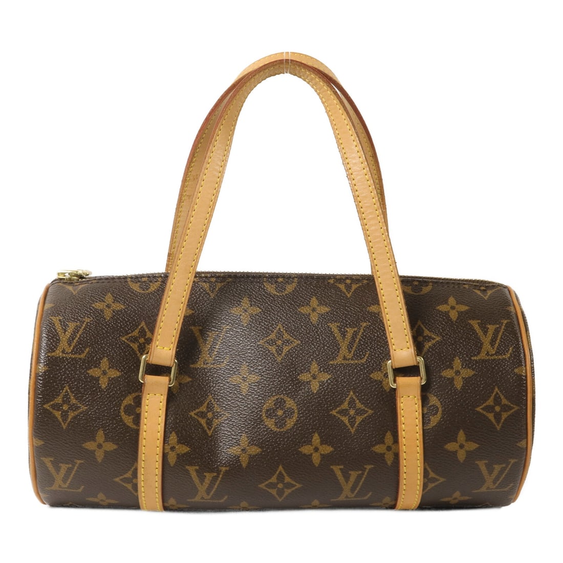 LV Papillon PM Monogram Handbag: Authentic and authenticated Louis Vuitton Papillon PM handbag in brown monogram PVC coated canvas. Product no. DU0076. Approx. 27W x 13H x 13D cm with 40 cm handle. Includes storage bags.