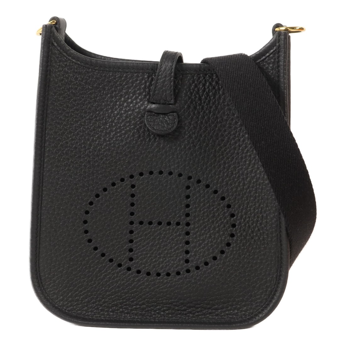 Hermes Evelyne TPM Noir: Authentic and authenticated Hermes Evelyne TPM shoulder bag in Noir black Taurillon Clemence calfskin. Approx. 17W x 19H x 5.5D cm with 111 cm strap. Includes box, storage bags, and shoulder strap.
