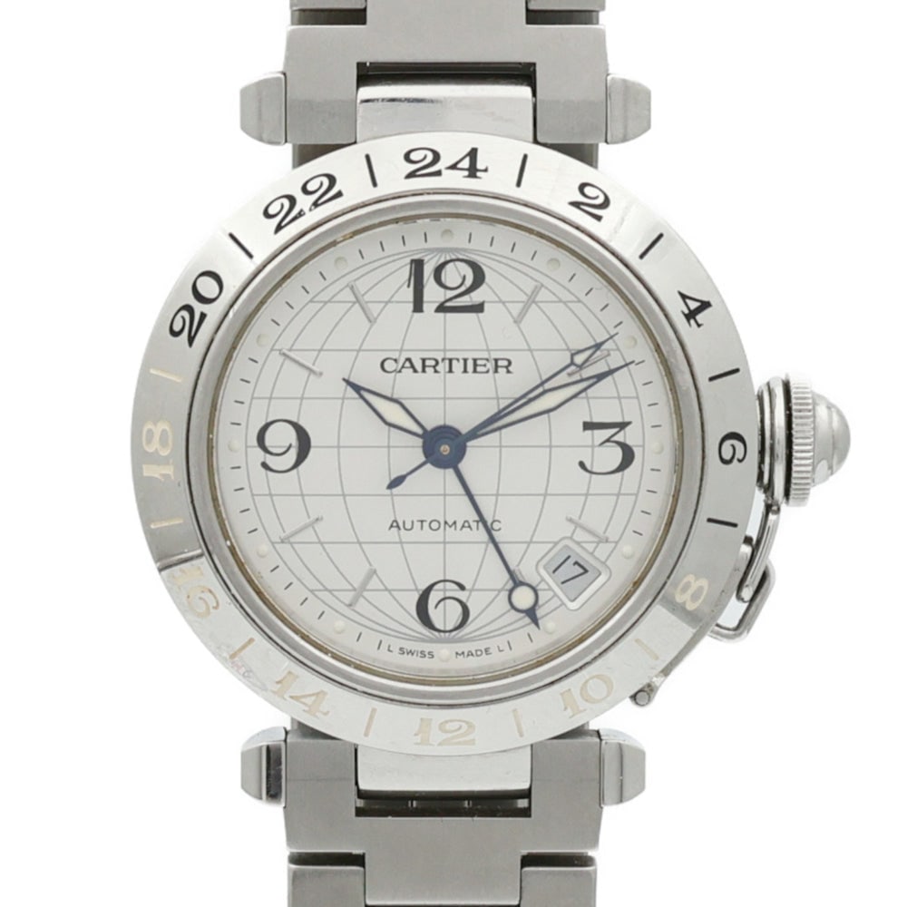 Cartier Pasha 2973 Quartz Silver: Quartz Cartier Pasha 2973 in stainless steel with silver dial. Case 27mm, max wrist 17cm, band 12mm.