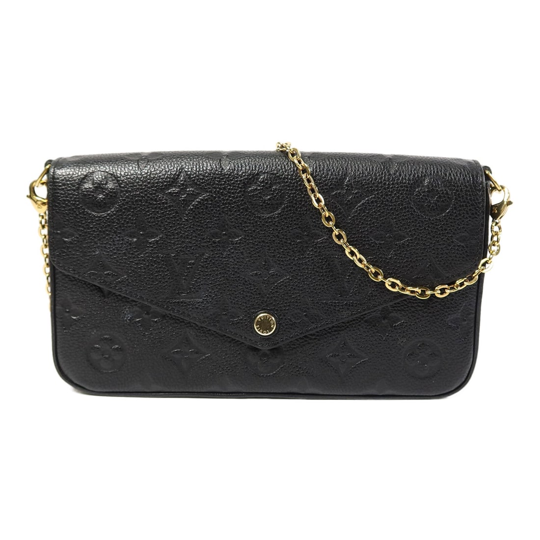 LV Felicie Empreinte Black: Felicie Pochette shoulder bag M82477 in black Monogram Empreinte calfskin. Includes shoulder strap and pouch. Size 21.5 x 12 x 3 cm.