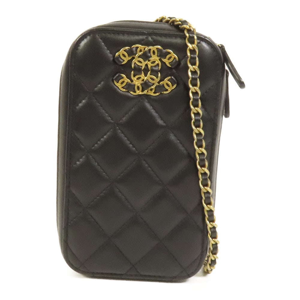 Chanel Lambskin Chain Phone Bag: Black lambskin chain shoulder bag with GHW; includes storage bag and hologram sticker; W10 x H17 x D4 cm; strap 130 cm. Authentic and authenticated.