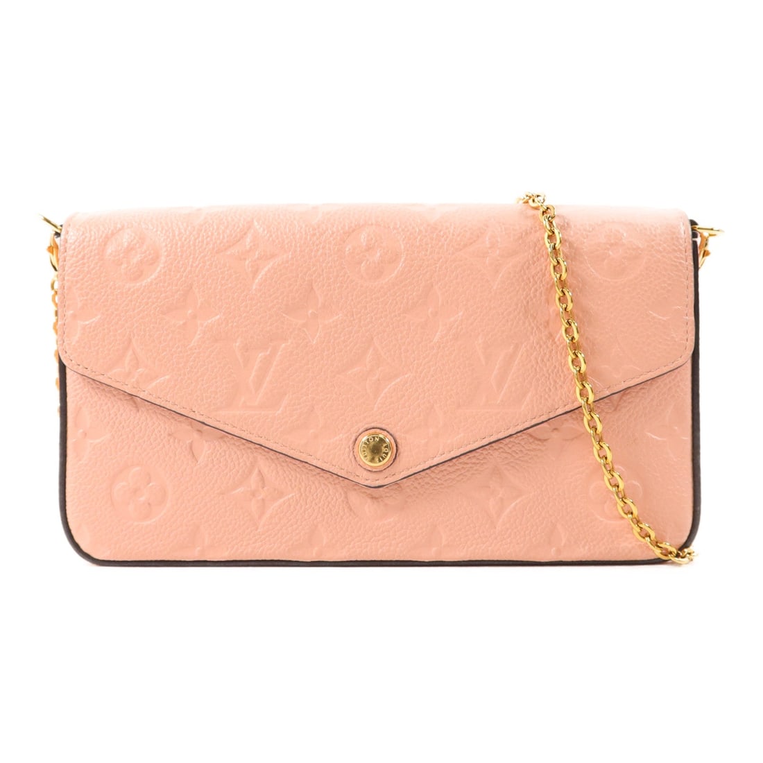LV Felicie Empreinte Pink: Felicie Pochette chain shoulder bag in pink Monogram Empreinte calfskin. Includes shoulder strap and pouch. Size 22 x 12 x 3 cm.