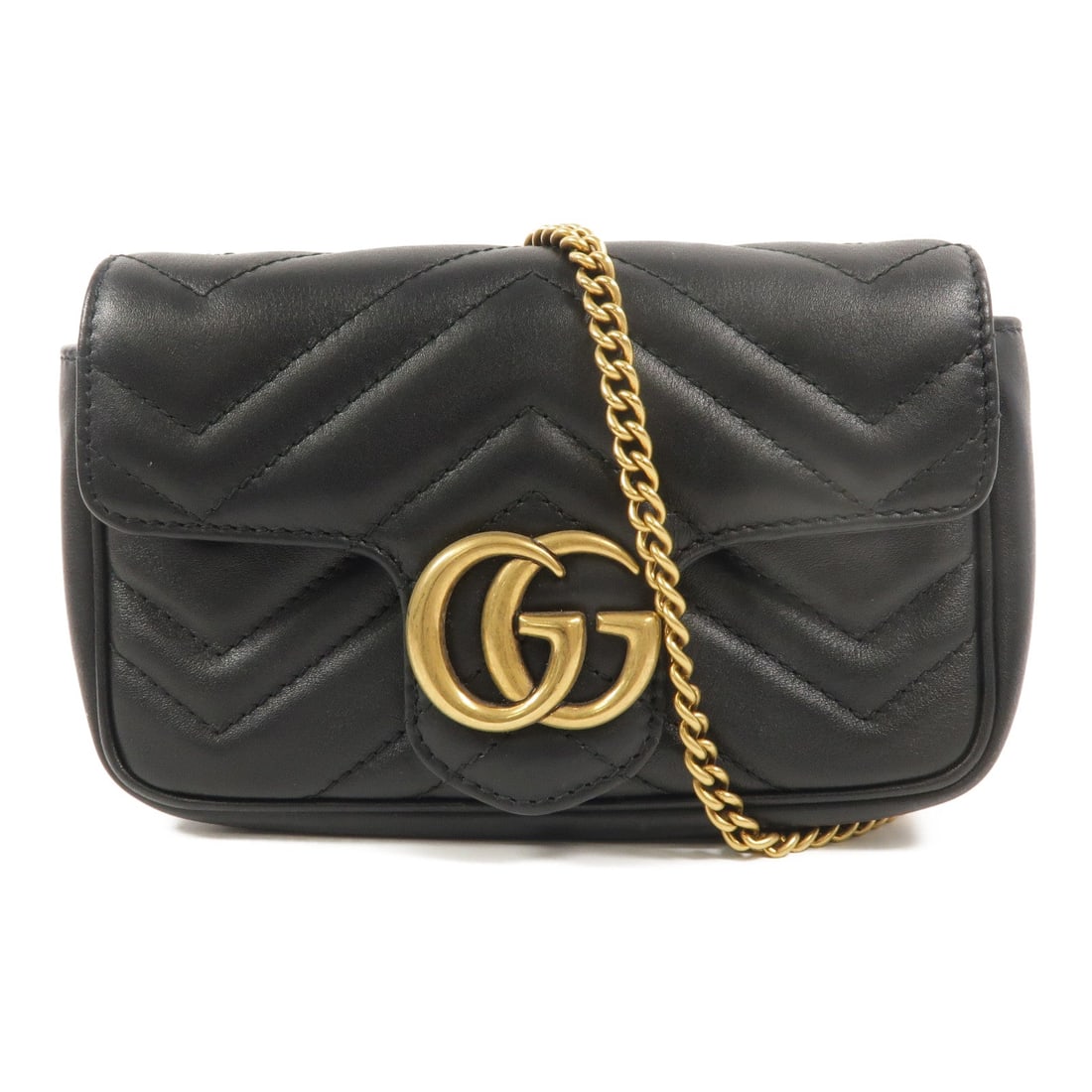 Gucci Marmont Super Mini Chain Bag: Authentic and authenticated Gucci GG Marmont Super Mini chain shoulder bag in black calfskin. Product no. 0959. Approx. 16.5W x 11H x 4D cm with 121 cm chain strap. Includes storage bags.