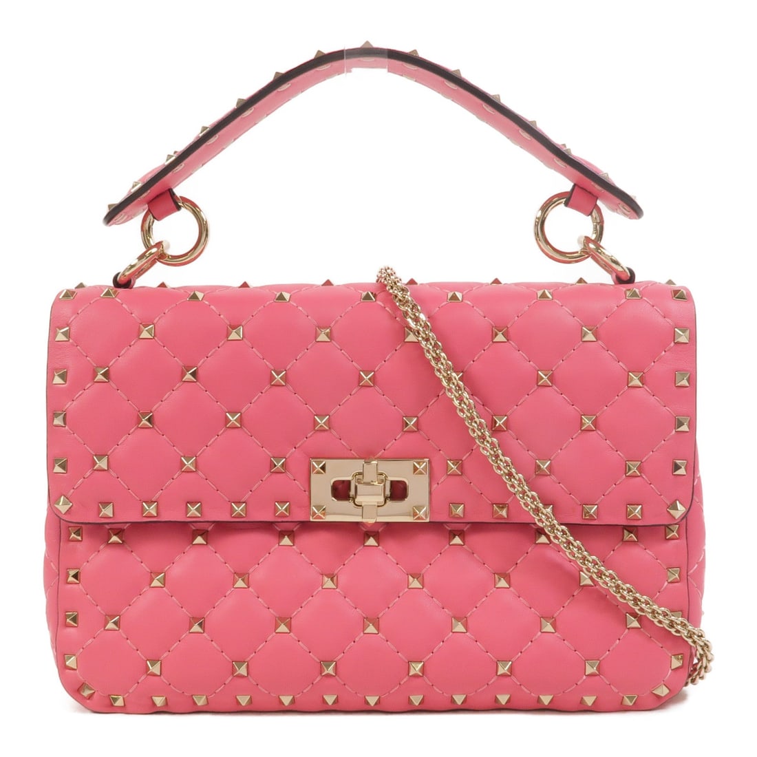 Valentino Rockstud Spike 2 Way Pink: Authentic and authenticated Valentino Rockstud Spike 2 way shoulder bag in pink calfskin. Product no. BL-P122NAP2. Approx. 23W x 16H x 6.5D cm with 23 cm handle and 132 cm strap. Includes shoulder