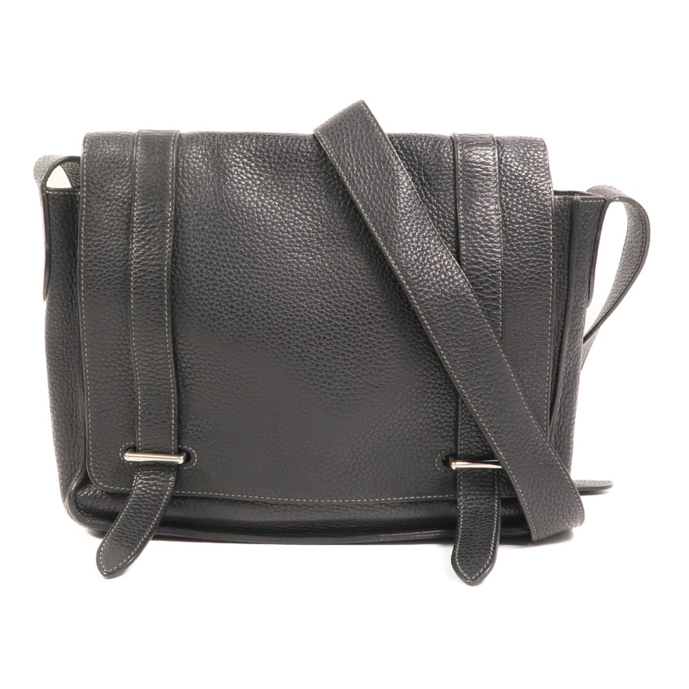 Hermes Steve 27 Shoulder Bag: Noir Taurillon Clemence calfskin shoulder bag with PHW; includes storage bag; W27 x H22 x D7 cm; strap 124-139 cm. Authentic and authenticated.