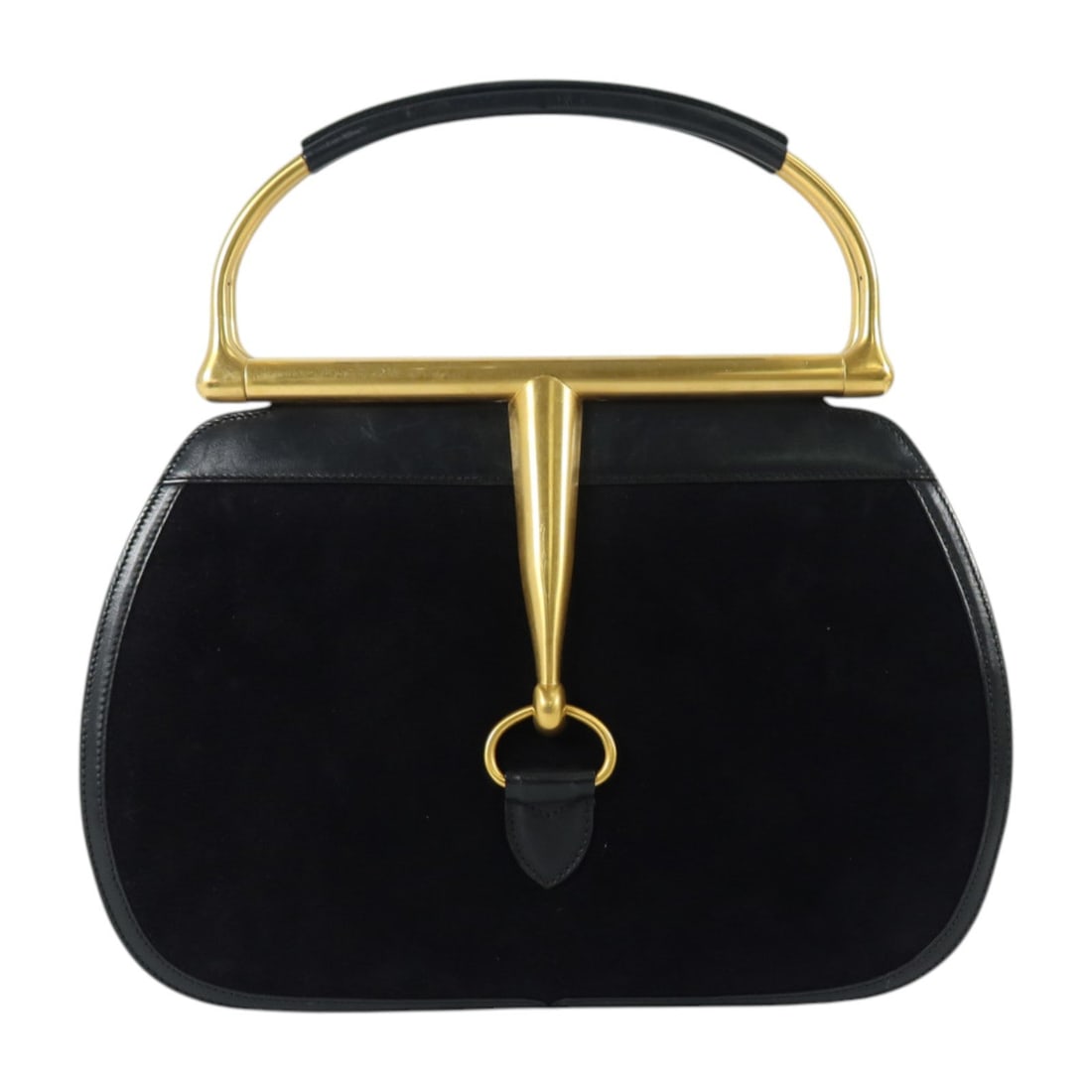 Gucci Horsebit Snaffle Handbag: Horsebit Snaffle handbag in black suede. Size 30 x 21.5 x 8.5 cm. Handle 35.5 cm.