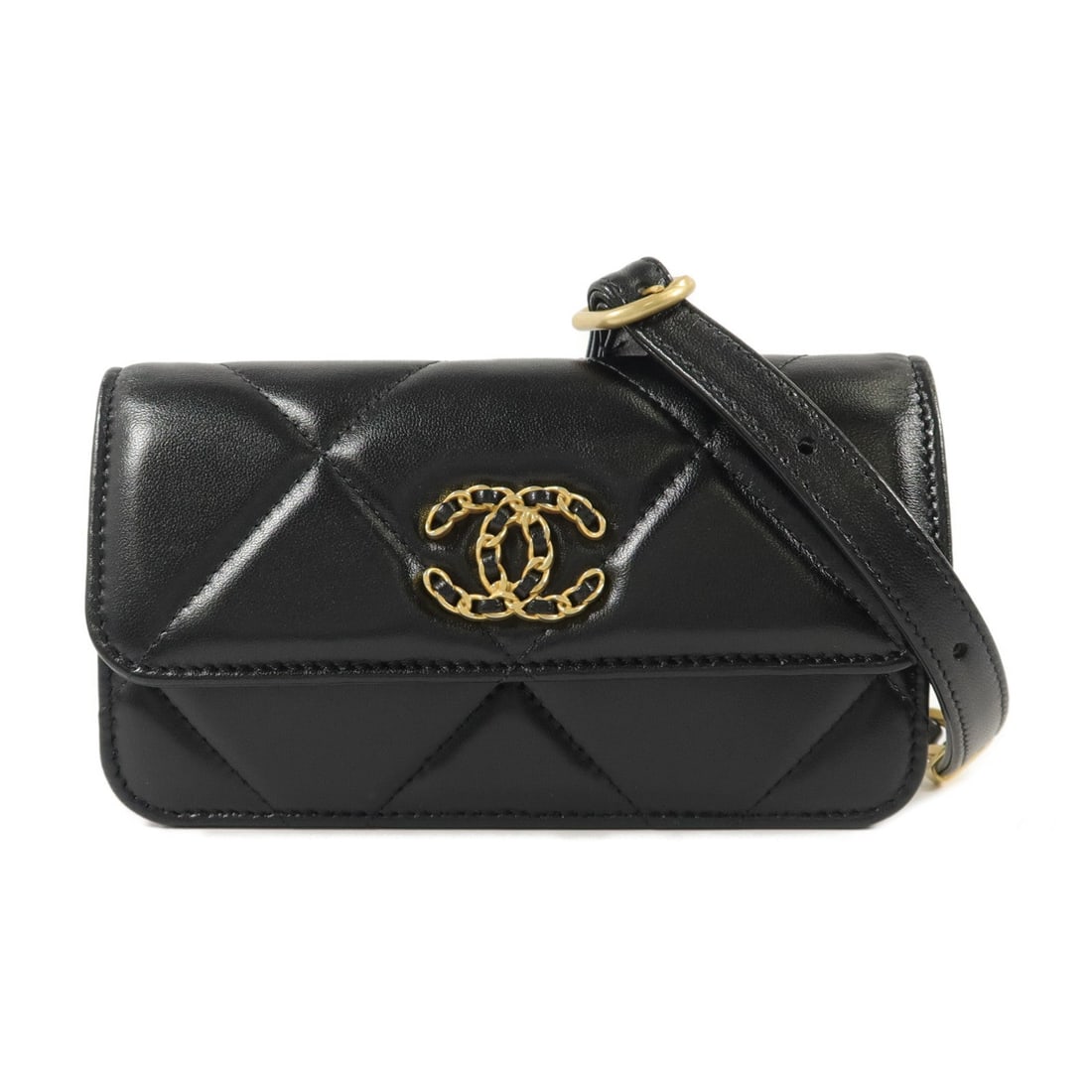 Chanel C19 Belt Bag Black: Authentic and authenticated Chanel C19 belt bag waist bag in black lambskin. Product no. KE04576J. Approx. 17W x 9.5H x 4D cm with 73-94 cm strap. Includes box, storage bags, and hologram sticker.