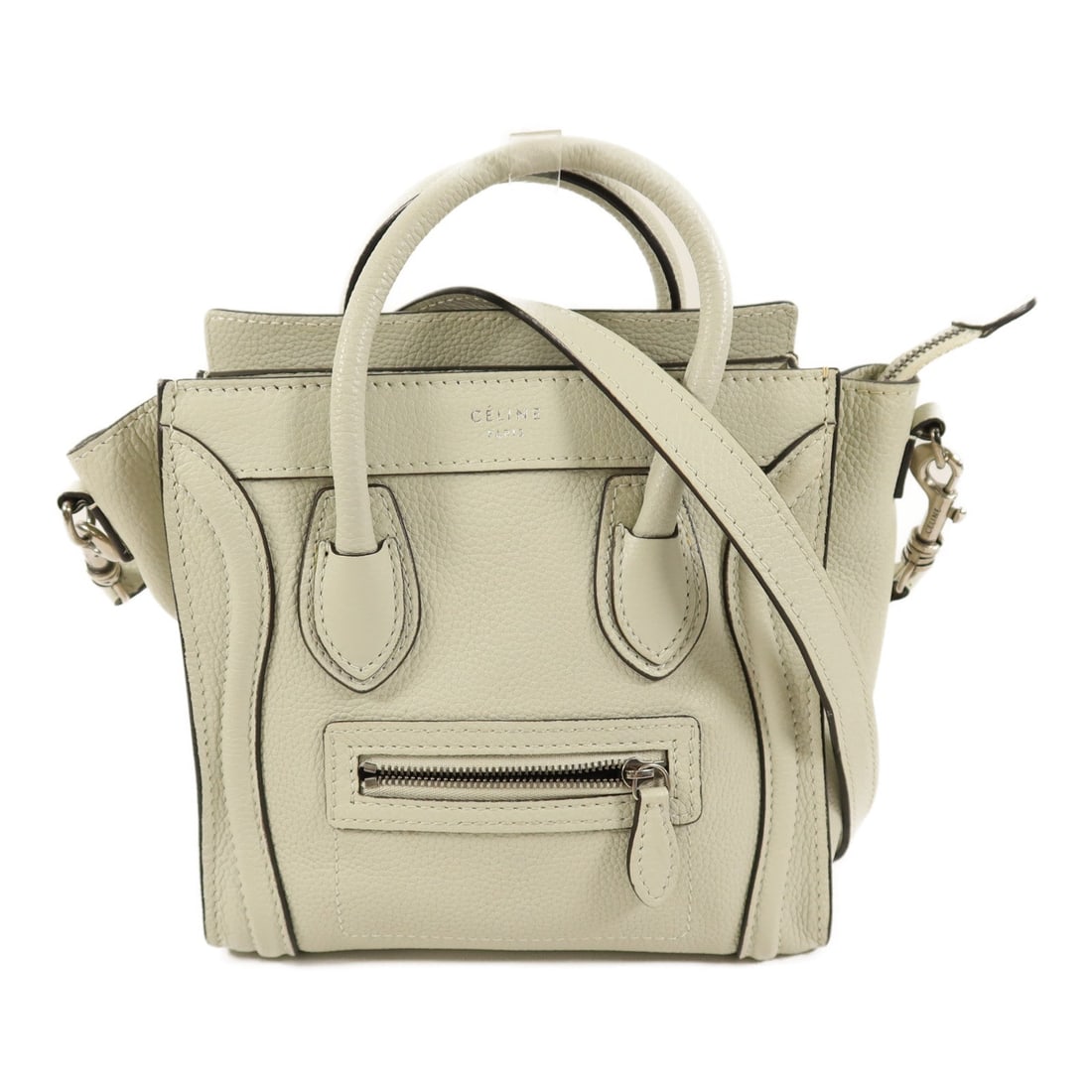 Celine Nano Luggage 2WAY Gray: Authentic and authenticated Celine Nano Luggage 2 Way shoulder bag in gray calfskin. Product no. S-VP-0132/S-UP-0132. Approx. 20W x 19H x 10D cm with 29 cm handle and 110 cm strap.