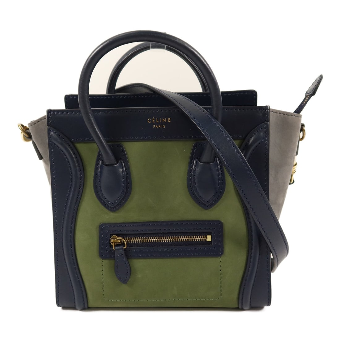 Celine Nano Luggage 2 Way Bag: Authentic and authenticated Celine Nano Luggage 2 way shoulder bag in blue and green suede calfskin. Product no. F-ZP-0142. Approx. 20W x 19H x 10D cm with 29 cm handle and 110 cm strap. Includes stor