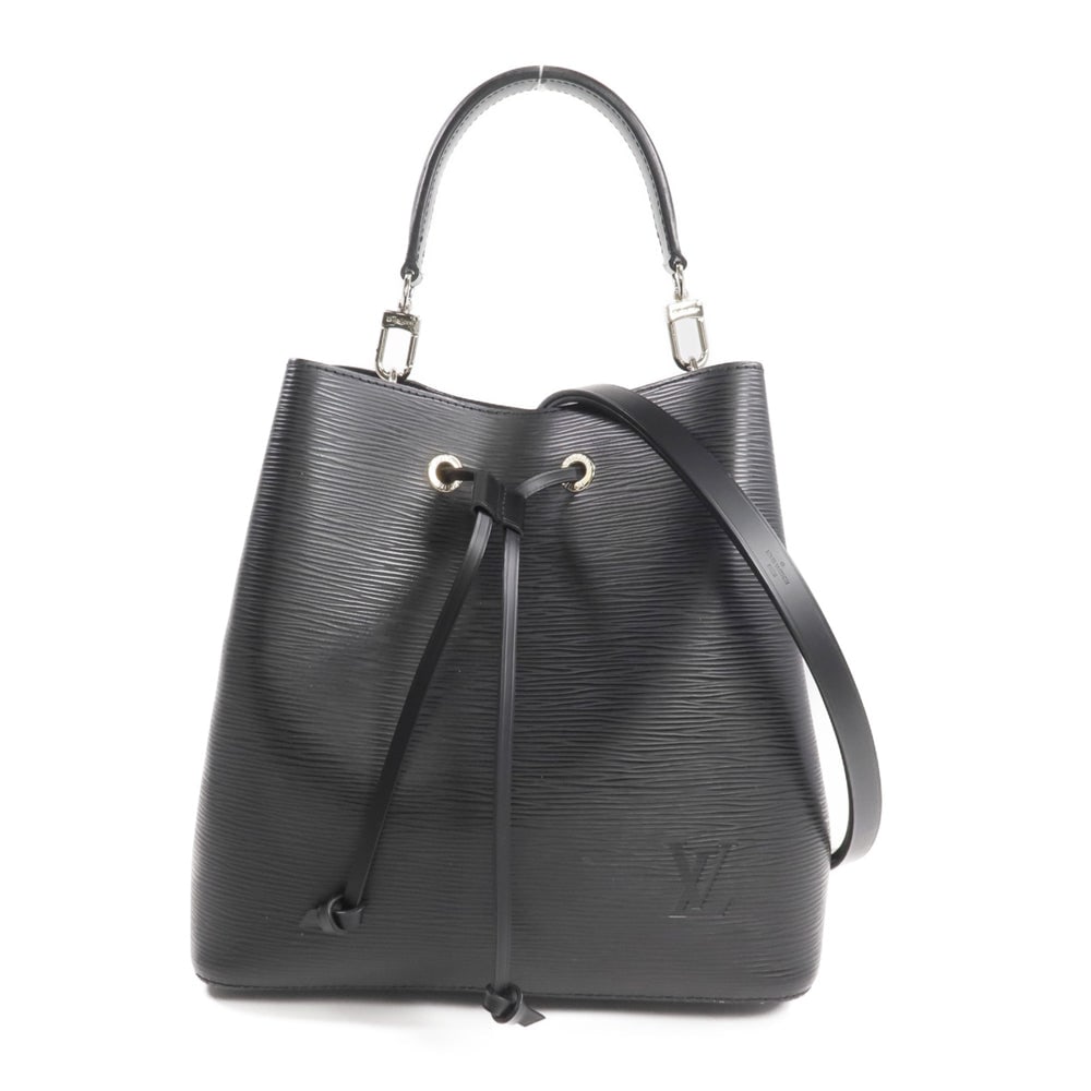 LV Neo Noe MM Epi Black: Black Epi calfskin Neo Noe MM 2-way shoulder bag with storage bags and shoulder strap. Approx. 26 x 26 x 17 cm; handle 26 cm; strap 60-108 cm. Product no. SR5717. Authentic and authenticated.