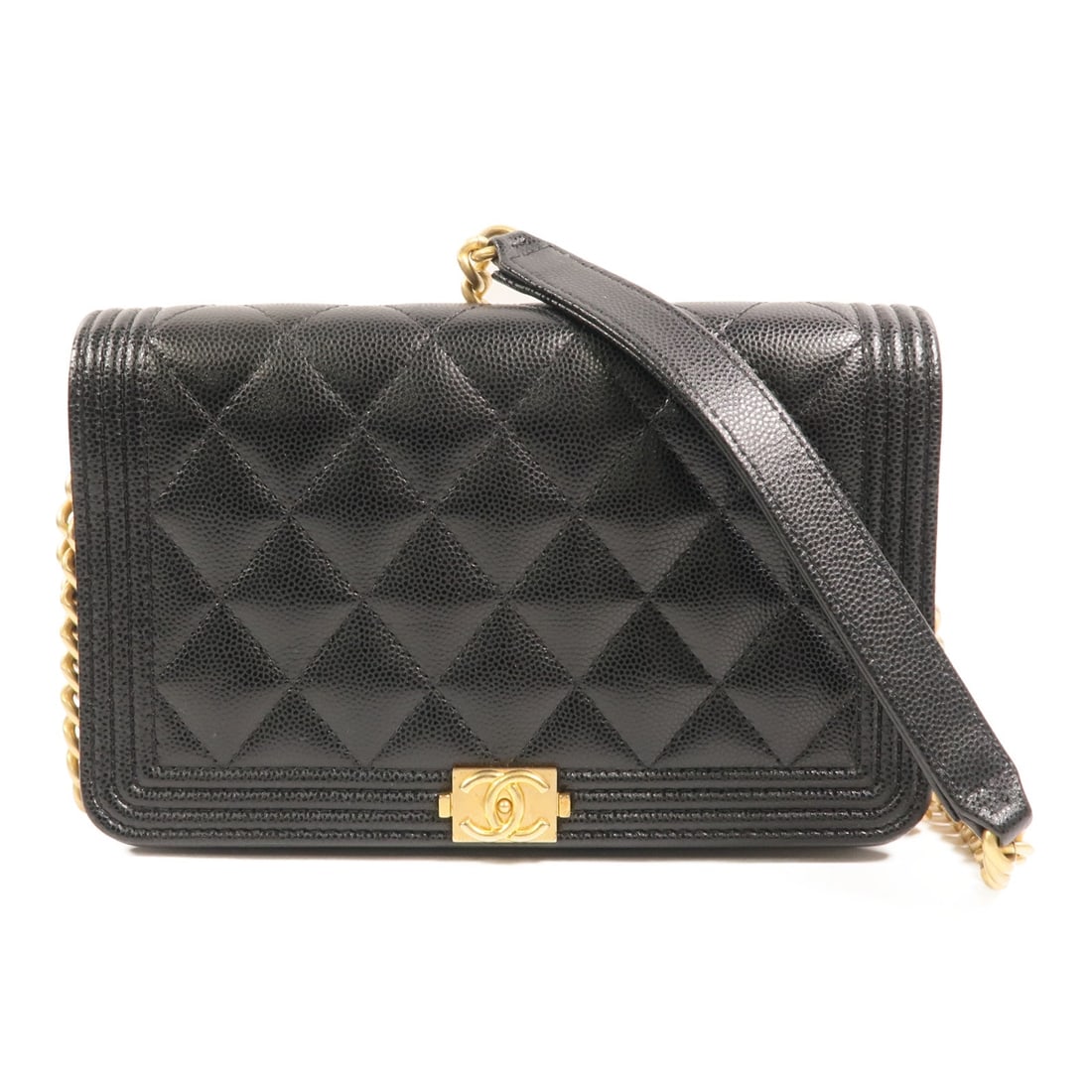 Chanel Boy Wallet on Chain Black: Black calfskin wallet on chain with gold-tone hardware.