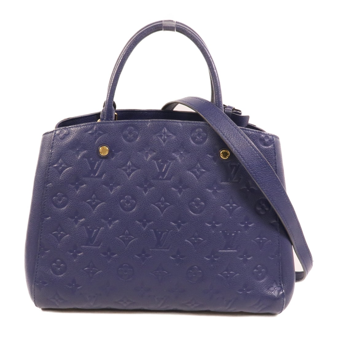 LV Montaigne MM Empreinte 2WAY Blue: Authentic and authenticated Louis Vuitton Montaigne MM 2 Way shoulder bag in blue Monogram Empreinte calfskin. Product no. MI1175. Approx. 30W x 23H x 15D cm with 32 cm handle. Includes strap, clochet