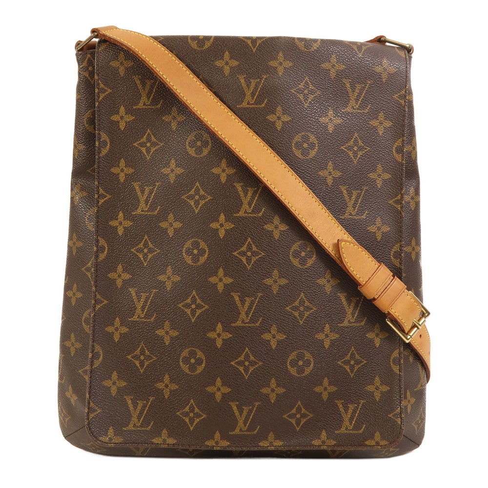 Louis Vuitton Musette Monogram Crossbody: Authenticated genuine Louis Vuitton Musette crossbody shoulder bag in brown Monogram PVC coated canvas with gold-tone hardware. Product no. SL0043. Approx. W31.5 x H35 x D3 cm; shoulder adjusts from 8