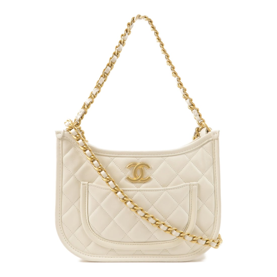 Chanel Hobo 2-Way Bag White: White calfskin hobo 2-way chain shoulder bag with gold-tone hardware.