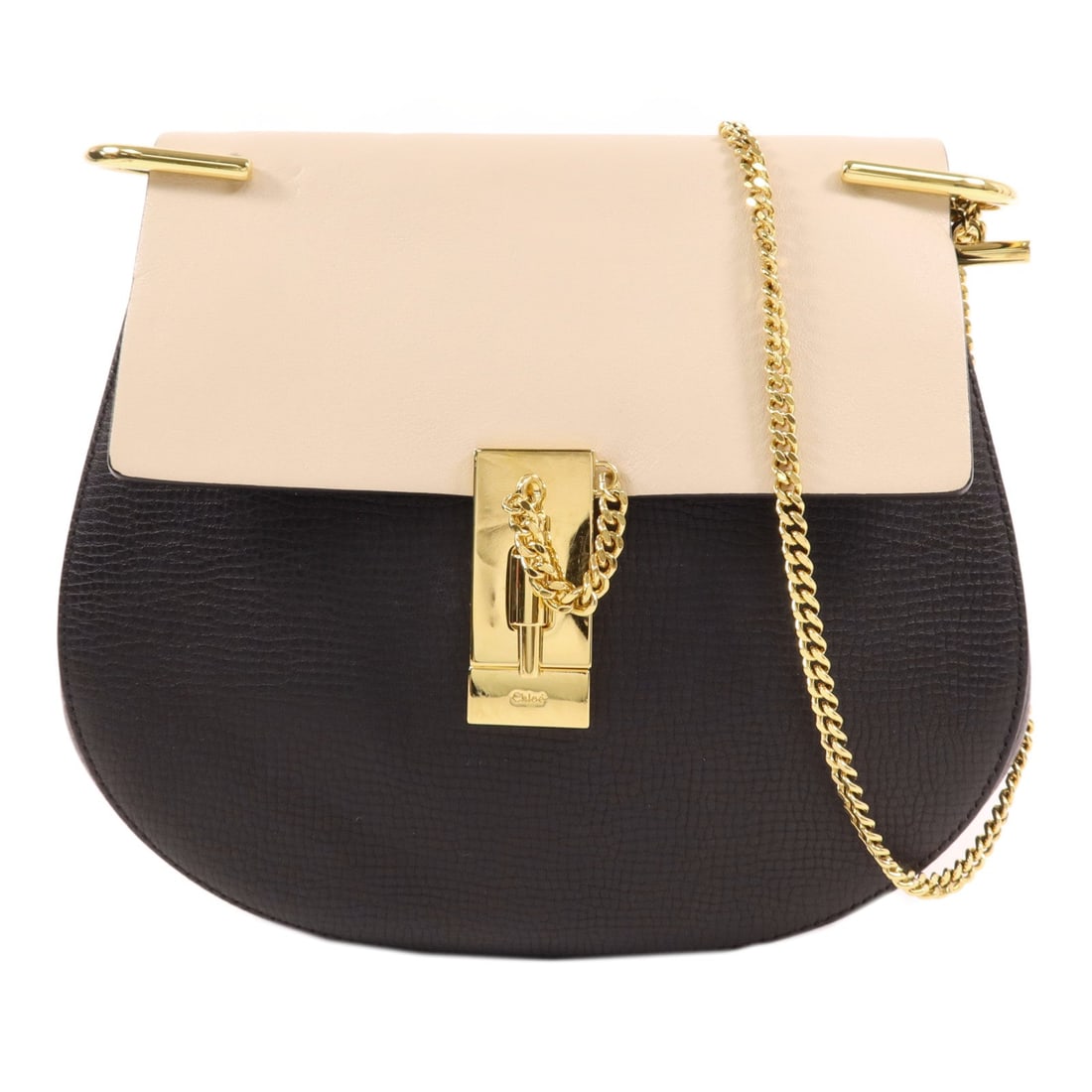 Chloe Drew Chain Shoulder Black Beige: Drew chain shoulder bag in black and beige calfskin. Includes storage bags. Size 21 x 20 x 7 cm.