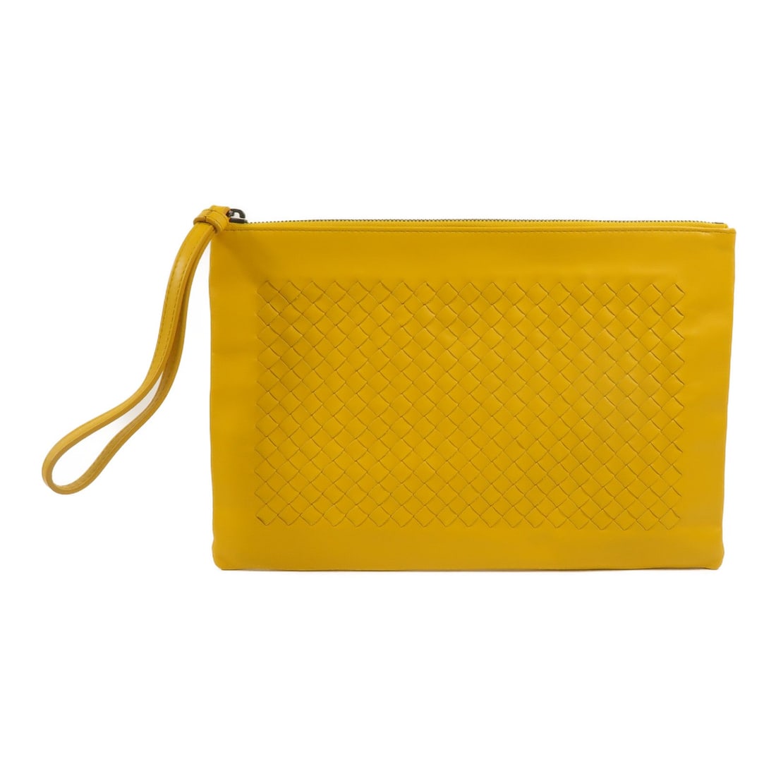 Bottega Veneta Yellow Calfskin Clutch: Authentic and authenticated Bottega Veneta clutch pouch bag in yellow calfskin. Product no. B08909514J. Approx. 29W x 19.5H x 1D cm. Includes storage bags.