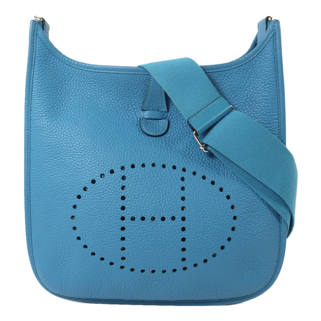 Hermes Evelyne PM Bleu Izmir: Authentic and authenticated Hermes Evelyne PM shoulder bag in Bleu Izmir Taurillon Clemence calfskin. Approx. 29W x 30H x 8D cm with 89-132 cm strap. Includes box, storage bags, and shoulder strap.