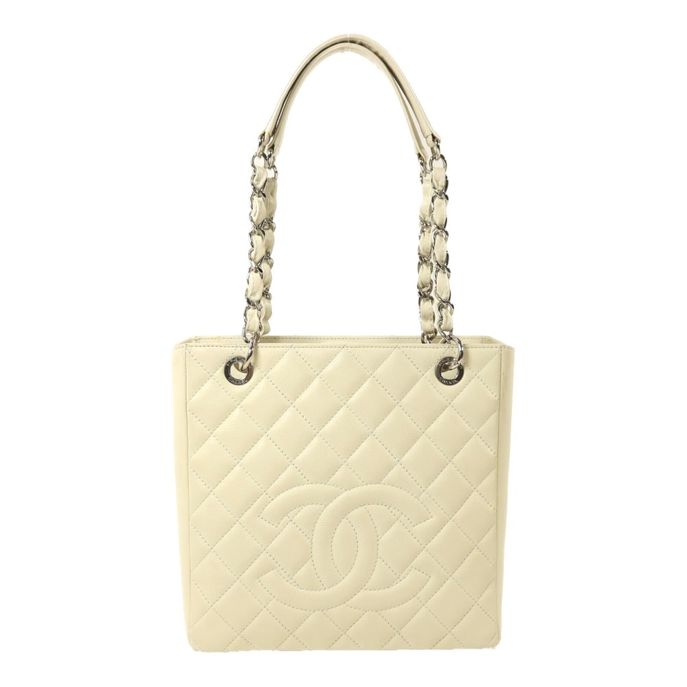 Chanel PST Shopping Tote: Off-white calfskin petite shopping tote with SHW; includes box hologram sticker and guarantee; W24 x H24 x D8 cm; handle 55 cm. Authentic and authenticated.
