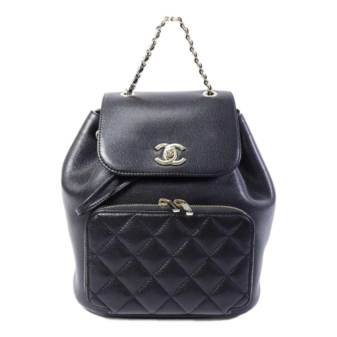 Chanel Business Affinity Backpack: Authentic and authenticated Chanel Business Affinity backpack in black calfskin. Product no. J33X16A. Approx. 23W x 24H x 12D cm with 24 cm handle and 72.5-78 cm straps. Includes storage bags.