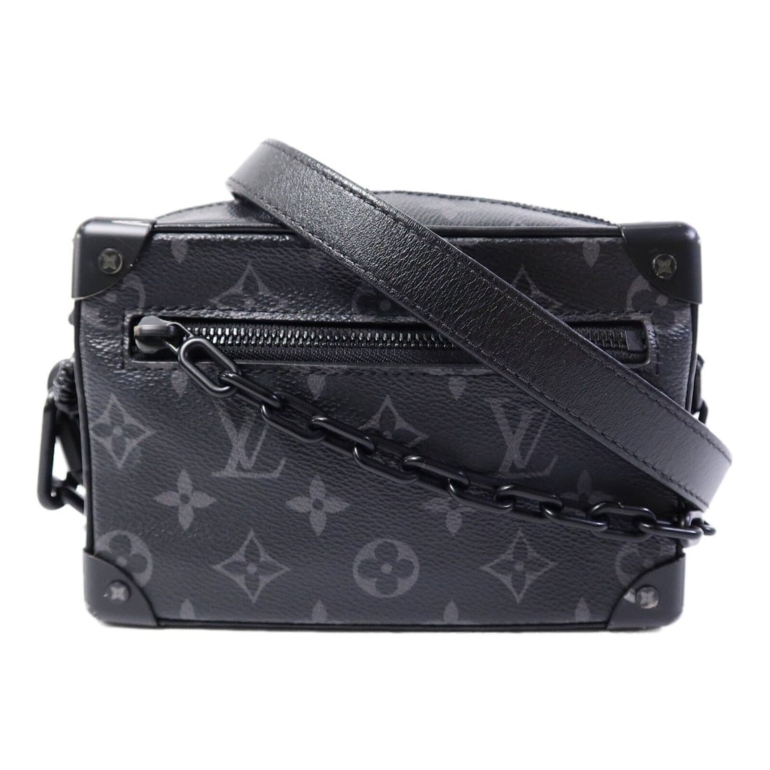 LV Mini Soft Trunk Eclipse Black: Authentic and authenticated Louis Vuitton Mini Soft Trunk shoulder bag in black Monogram Eclipse PVC coated canvas with RFID. Approx. 18W x 12H x 7.5D cm with 126 cm strap.