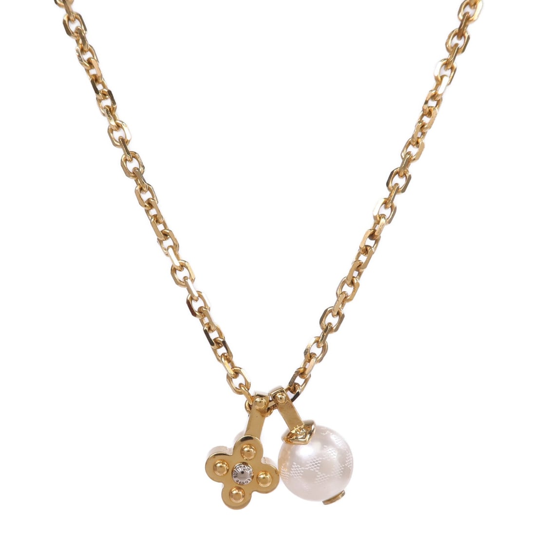 Louis Vuitton Flower Pearl Necklace: LV GHW Flower Charm Pearl necklace M75444 in PVC and metal with gold and white tone.