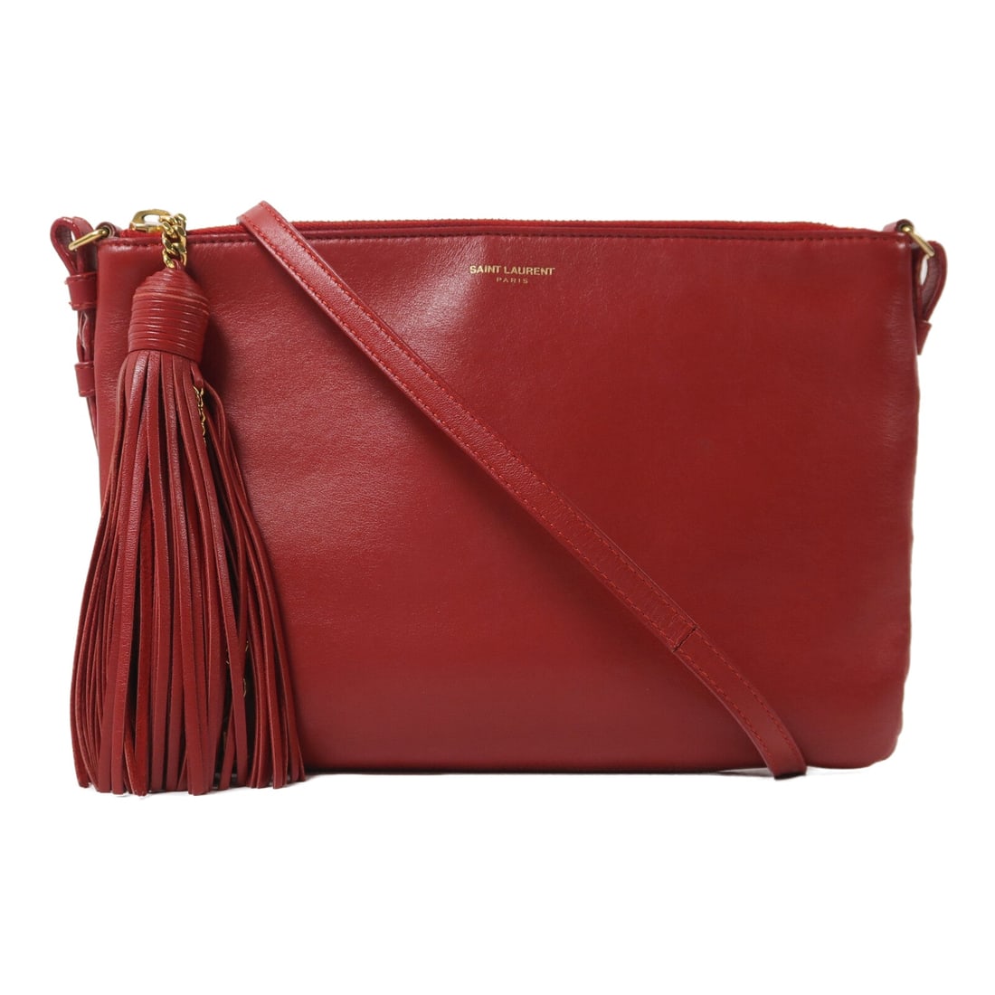Saint Laurent YSL Shoulder Bag Red: YSL shoulder bag in red calfskin with gold-tone hardware. Size 24.5 x 17 x 1 cm. Strap 118 to 122 cm.
