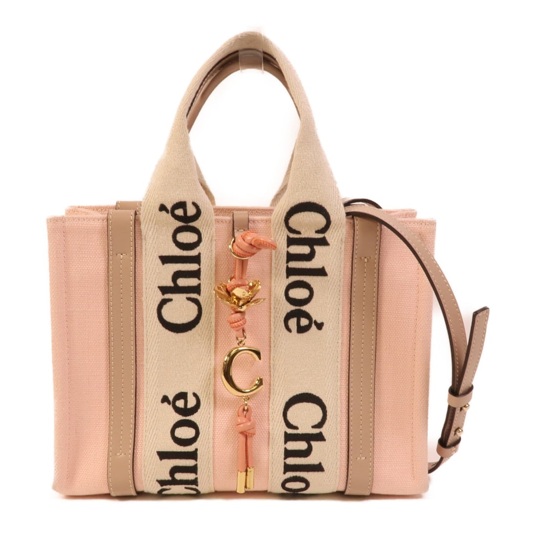 Chloe Woody Tote 2 Way Pink: Woody Tote 2 way shoulder bag in pink canvas. Includes storage bags. Size 26 x 20 x 8.5 cm.