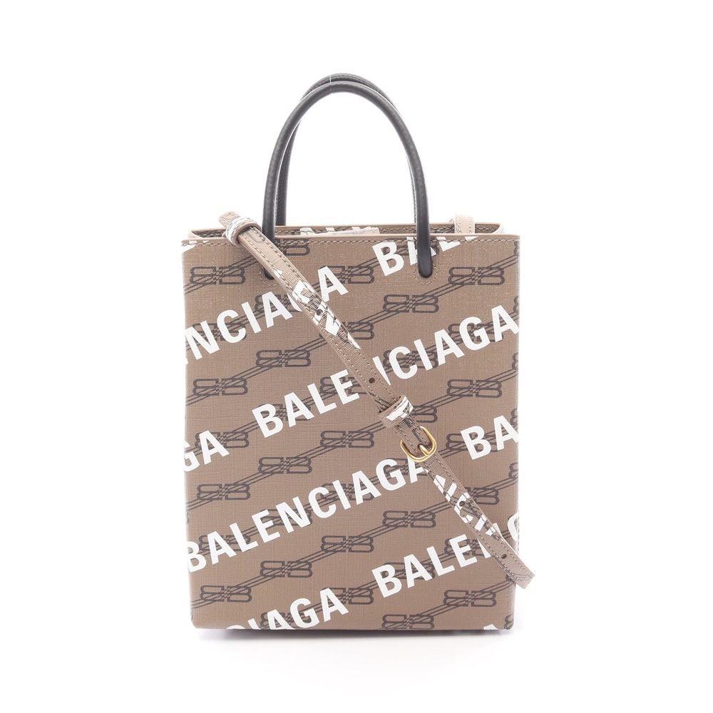 Balenciaga BB Monogram 2Way Bag: Authenticated genuine Balenciaga BB monogram 2WAY handbag in gray brown white black PVC leather. Includes shoulder strap. Approx. H21 x W17 x D6 cm, strap 49-134 cm, handle 23 cm.